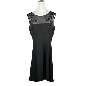 Evan Picone Dress 14 Black A-Line Sheer Mesh Beaded Neckline Midi Lined V-Back
